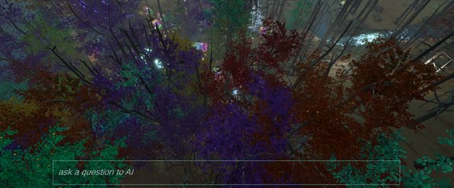 Looking down through a darkened canopy of violet and deep red leaves onto bare ground and a stream