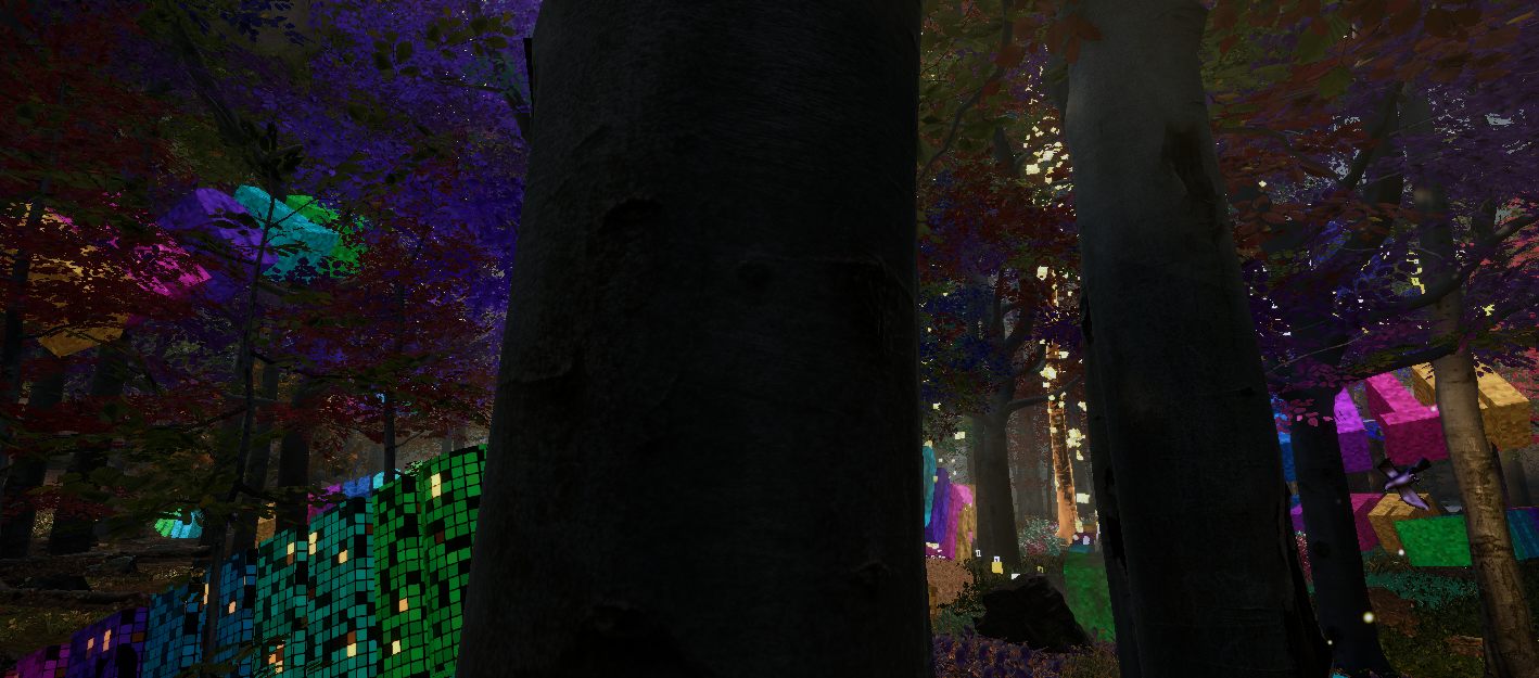 A large dark tree trunk in the foreground with glowing coloured letter blocks and falling pixels behind it