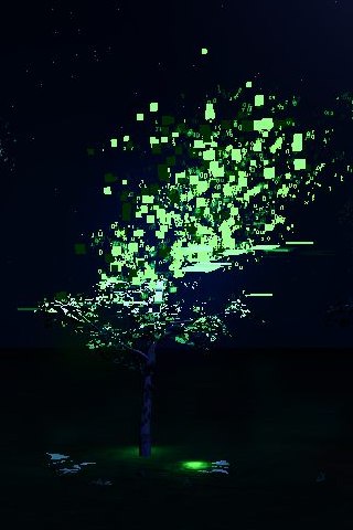 A tree breaking apart into bright green blocks of data