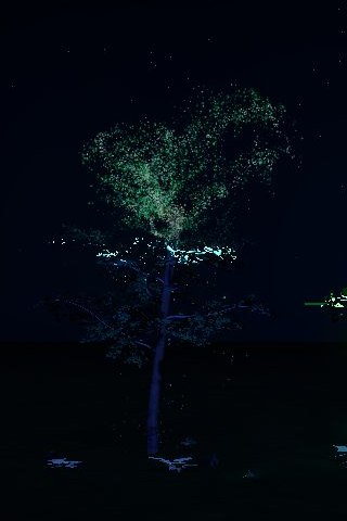 A tree dissolving into pale drifting dust against a night sky