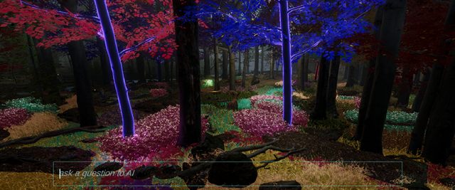 A deer standing among trees with glowing violet trunks and red and blue canopies, the ground carpeted in coloured undergrowth