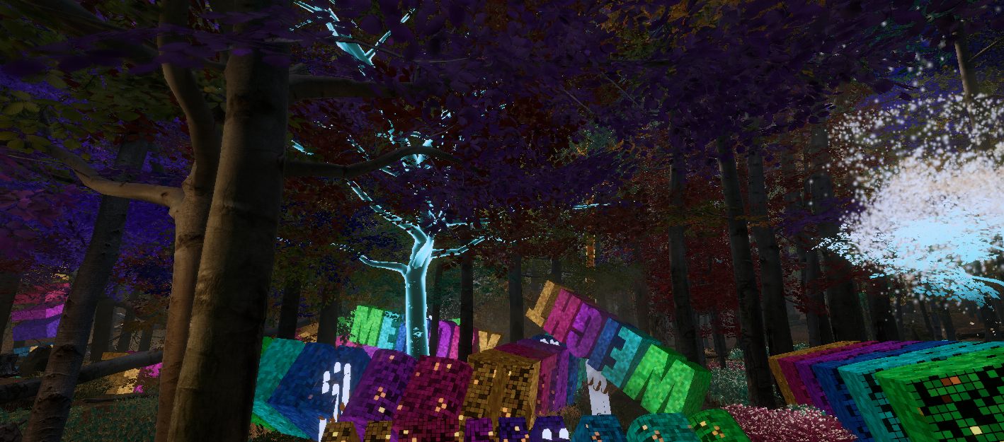 Blocky coloured letter forms piled across a dark forest floor beneath a glowing tree