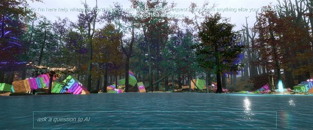 Coloured letter blocks piled along the far bank of a lake beneath an autumn canopy