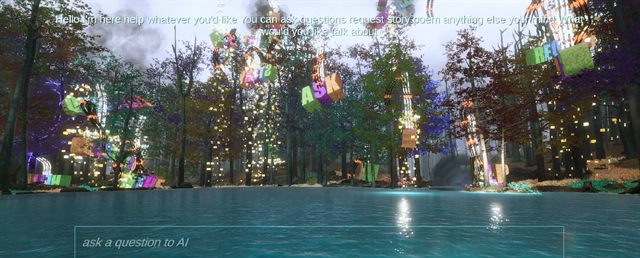 Words hanging on burning cables above a lake, the word ASK among them, reflections on the water below