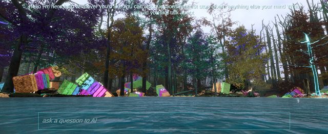 Words heaped at the water's edge with a cyan glowing tree standing at the right of the frame