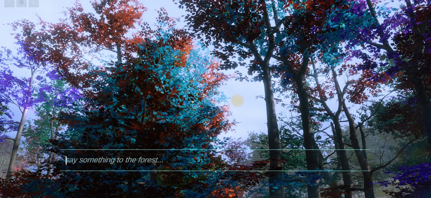 Bright dawn sky seen through a canopy of red, cyan and violet leaves, with the prompt line near the bottom