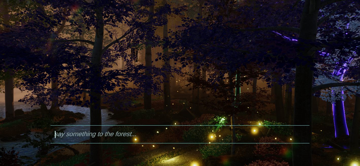 Twilight forest with fireflies and a stream, and the prompt line near the bottom of the frame