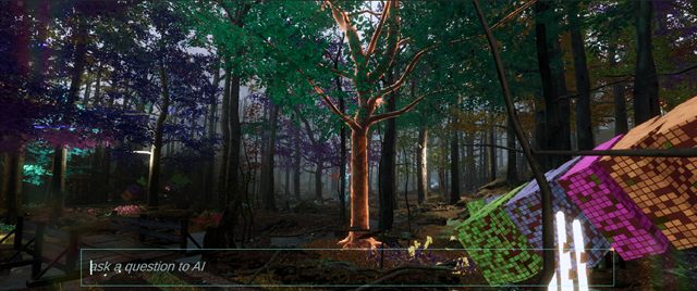 A tall beech lit from below in orange, with pixelated pink and green letter blocks fallen in the foreground
