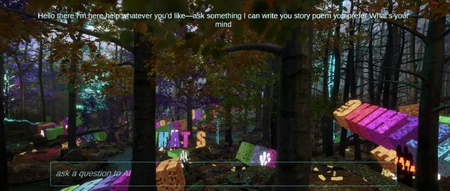 The letters WHATS standing upright among tree trunks, with a long pink and orange word lying fallen across the right of the frame